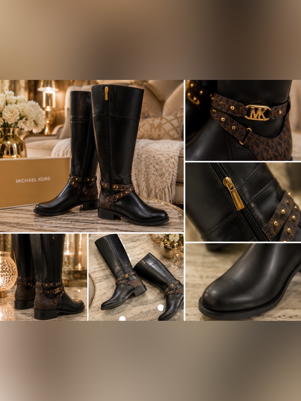 Michael Kors Tall Riding Boots – Black Leather with Signature Logo Harness NWOT